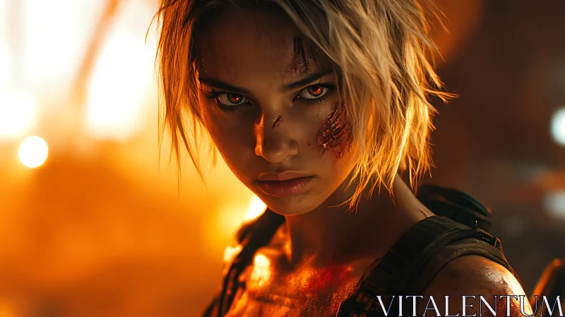 Battle-scarred warrior blazes through molten urban inferno.