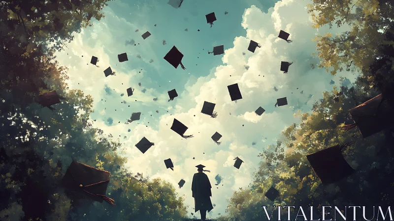 Graduate silhouette under sky filled with soaring caps.