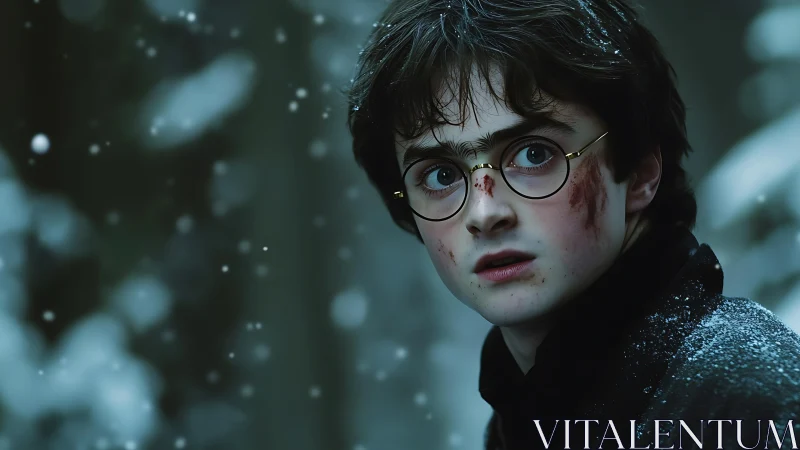 Snow-dusted boy with glasses braves a tense winter moment.