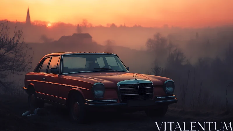 Vintage Mercedes sedan rests in misty countryside sunrise