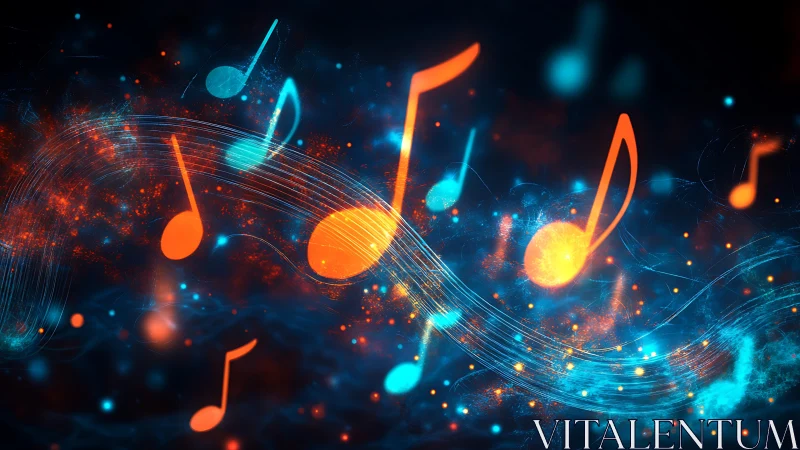 Abstract digital music notes in blue and orange field.