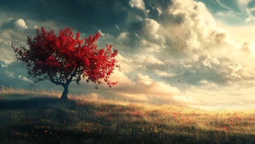 Solitary red tree anchors windswept meadow under dramatic clouds