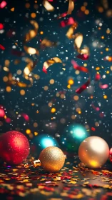 Christmas ornaments with confetti and ribbons on dark surface.