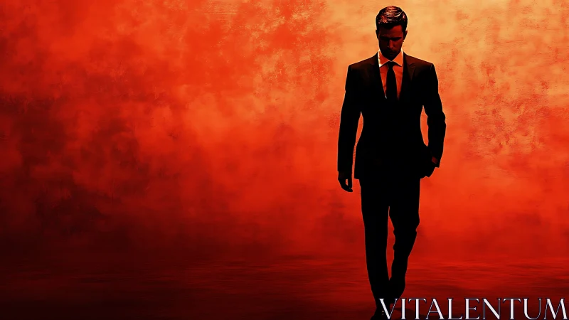 Confident man in a suit walks through bold red light calmly