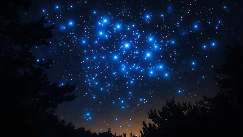 Dense blue star cluster above silhouetted forest horizon.