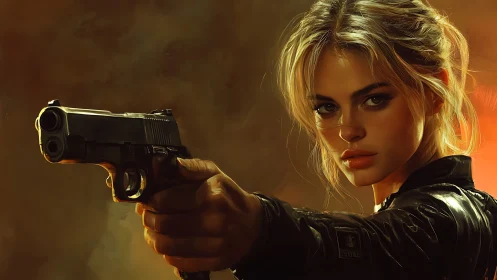Determined heroine aims handgun in dramatic warm lighting