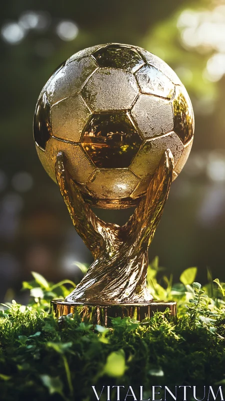 Golden soccer trophy glowing in soft garden sunlight.