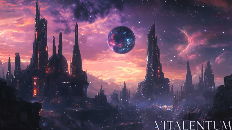 Futuristic alien cityscape rises under glowing cosmic sky