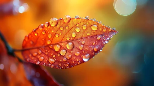 Macro view of wet orange leaf with water droplets.