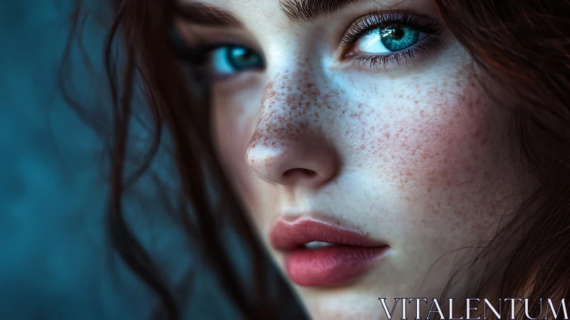 Macro-rendered freckled portrait with cyan spectral lighting.