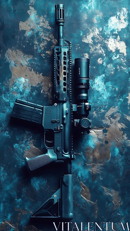 Modern tactical rifle rests on textured teal background.