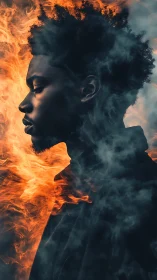 Profile portrait of man framed by intense fire and smoke.