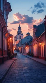 Lantern-lit old town street cradling a rosy cathedral dusk.