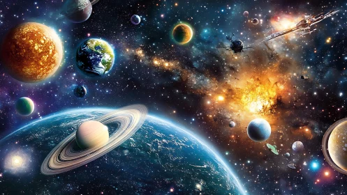 Planets swirl like marbles in a riotously glowing galaxy