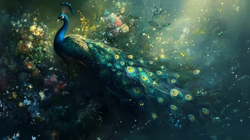 Iridescent peacock glows amid luminous midnight garden