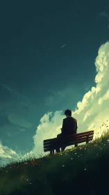 Solitary figure studies twilight sky from hilltop bench