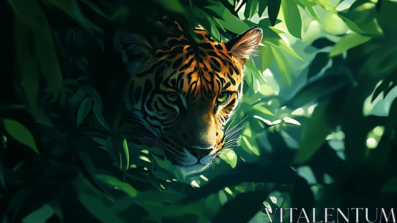Tiger head emerges through dense green foliage in shade
