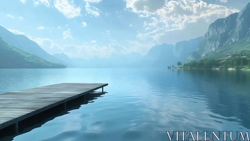 Silent lake pier drifting into haze-soaked mountain light.