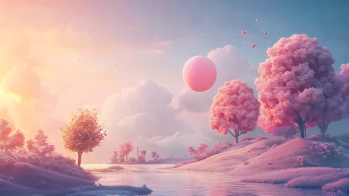 Dreamy pink river valley glows under a soft floating sun