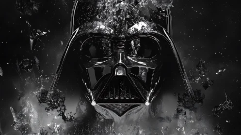 Helmeted mask silhouette forms from fragmented dark debris