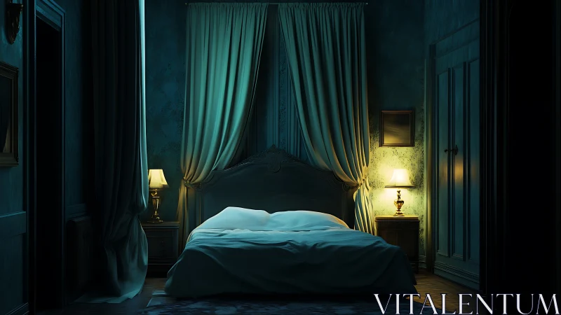 Moody bedroom interior uses dual warm lamps and cool ambient fill