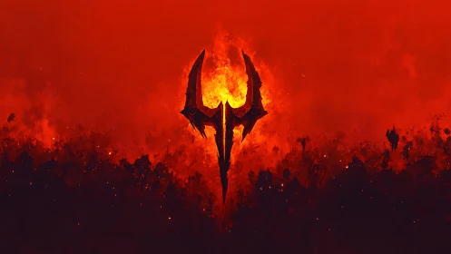 Central demonic emblem emerging from infernal flame vortex