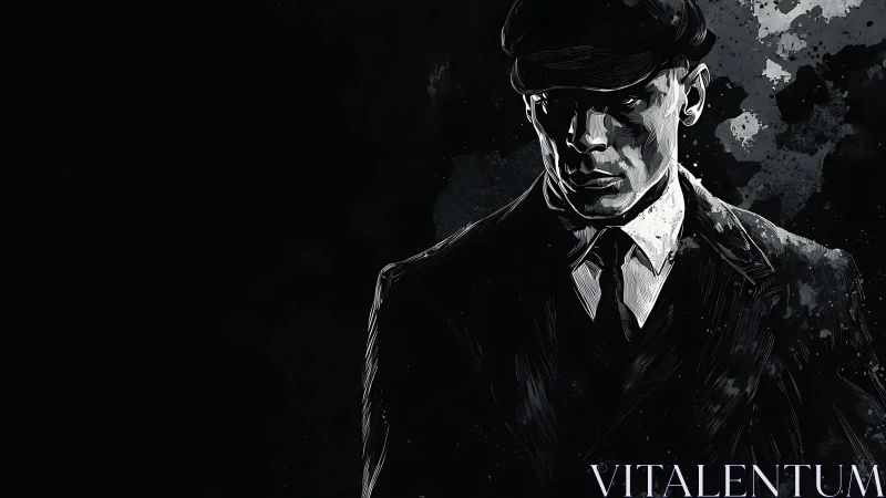 Brooding gentleman in shadowed suit steps from the darkness