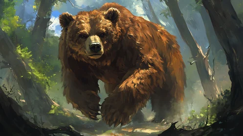 Powerful brown bear charging through sunlit forest path.