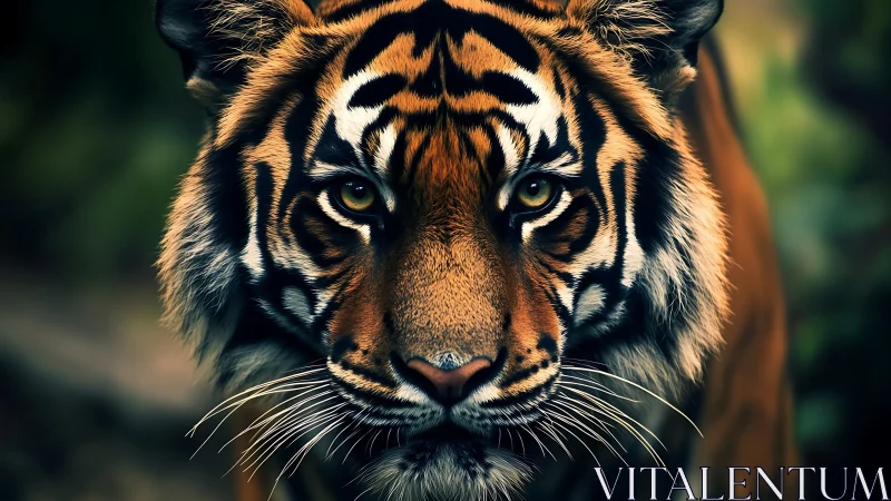 Close frontal view of tiger in forest environment.