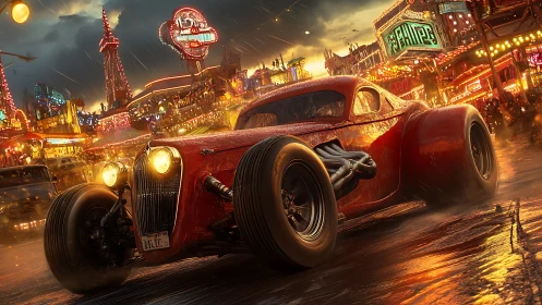Low-angle wet-street render of red hot rod amid neon carnival rain