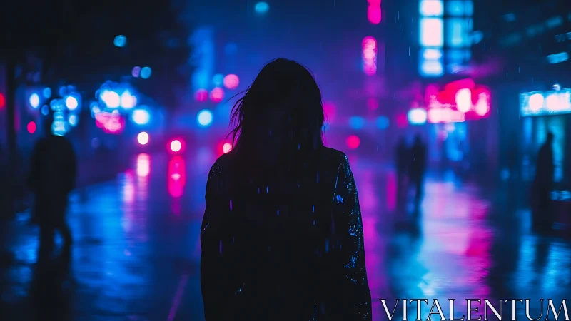 Silhouette in neon lit rainy city street at night scene.