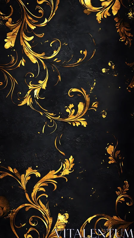Gold baroque floral curls on dark textured background.