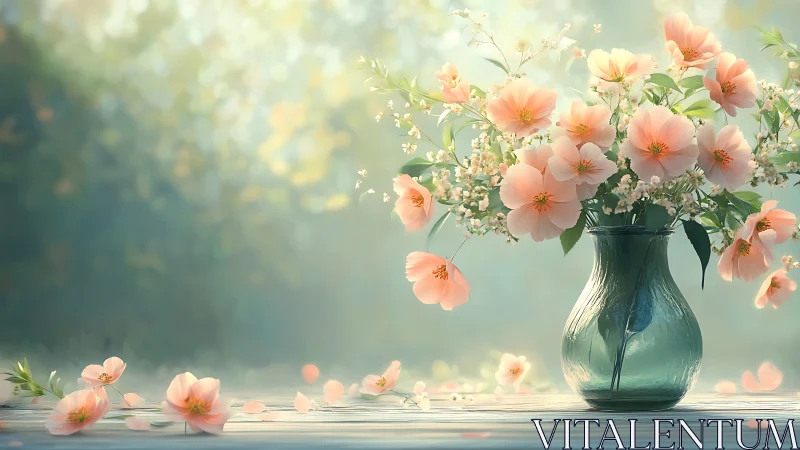 Soft-Focus Floral Arrangement in Translucent Vessel: Photorealistic Still Life Composition.