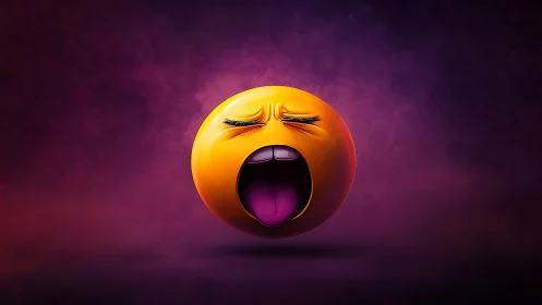 3D emotive sphere with yawning face on neon gradient field.