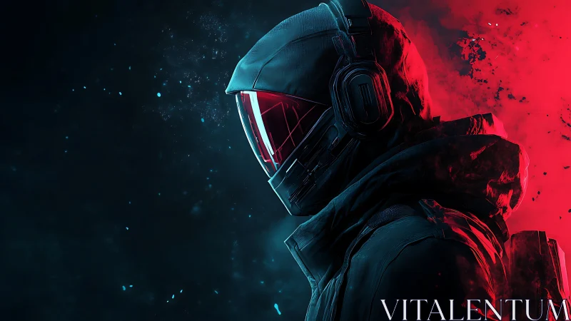 Hooded cybernetic operative emerges in neon red backlight