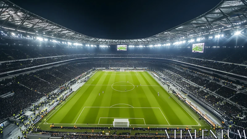 Floodlit football colosseum humming under electric night skies.