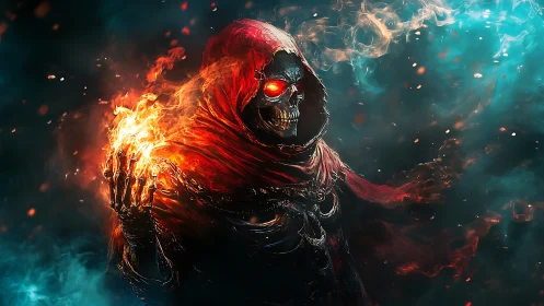 Fiery skeletal mage emerges from swirling spectral storm