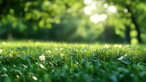 Close-up green grass in sunny park with blurred trees.