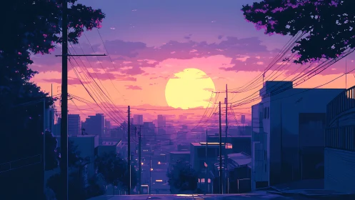 Neon dusk city street under glowing pastel sunset sky.