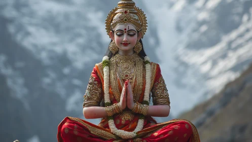 Divine woman statue in lotus pose before mountain backdrop.
