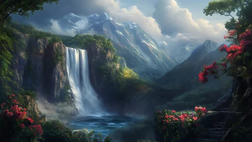 Waterfall descends into misty pool below snowcapped mountains