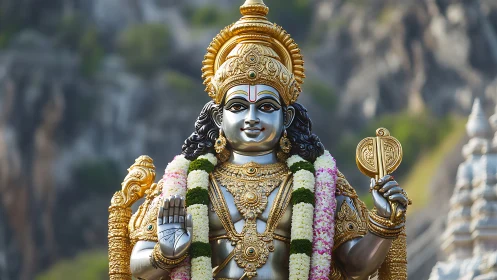 Polychrome Murugan statue with garlands and gold ornamentation