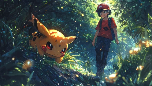 Luminous forest trek with trainer and Pikachu in dynamic rim light