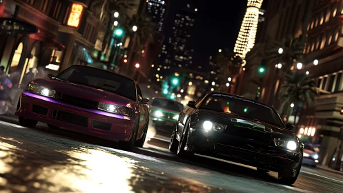 Street racing cars at night on neon lit downtown avenue.