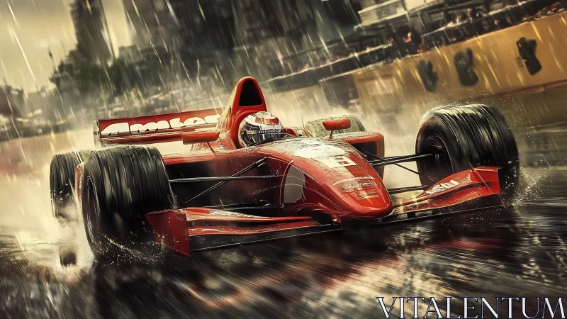 Roaring red race car slicing through a wild city downpour.