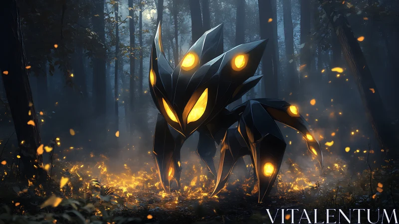 Luminescent obsidian mech-creature in ember-lit forestscape.