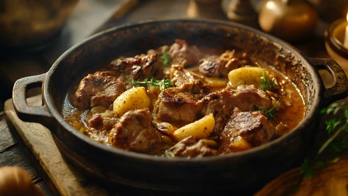Rustic beef stew simmers in cast iron dutch oven