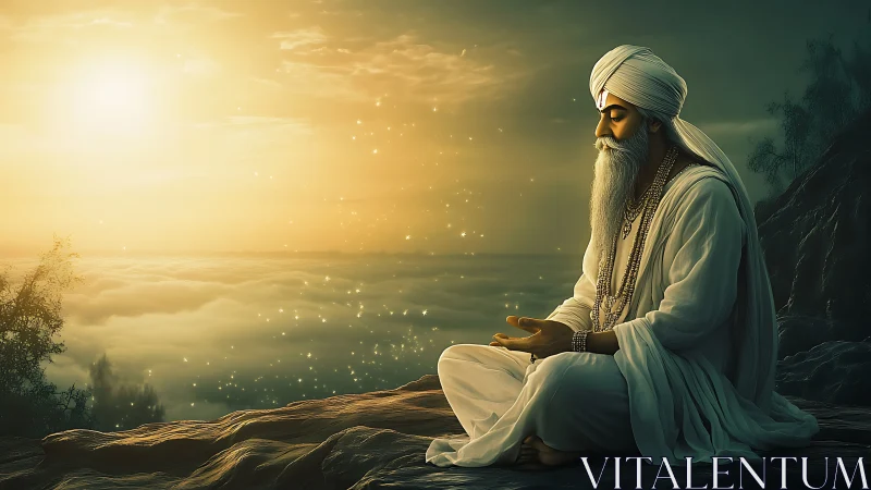 Digital painting of meditative sage in golden atmospheric light.