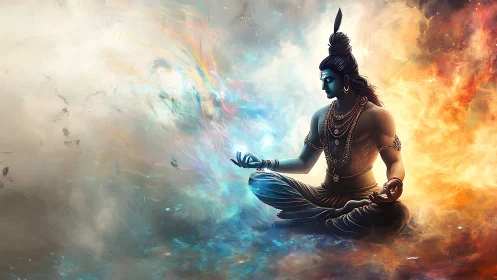 Meditating blue-skinned deity amid dual fire and mist fields