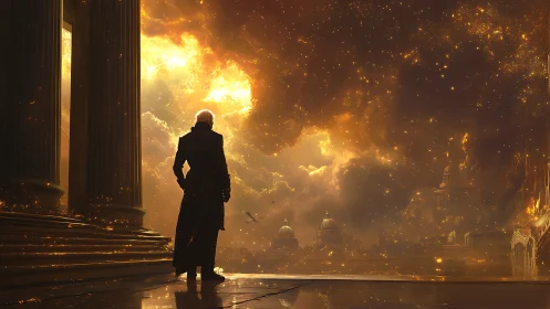 Backlit figure surveys glowing neoclassical city under turbulent sky